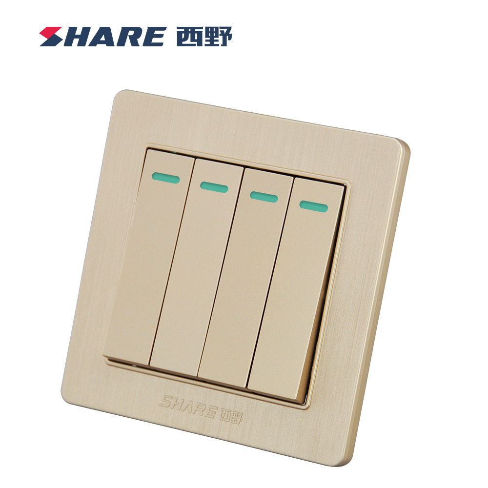 SHARE Factory Price 4 Gang 2 Way Switch Socket Wall Gold Color 10A Modern Electric Wall Switch