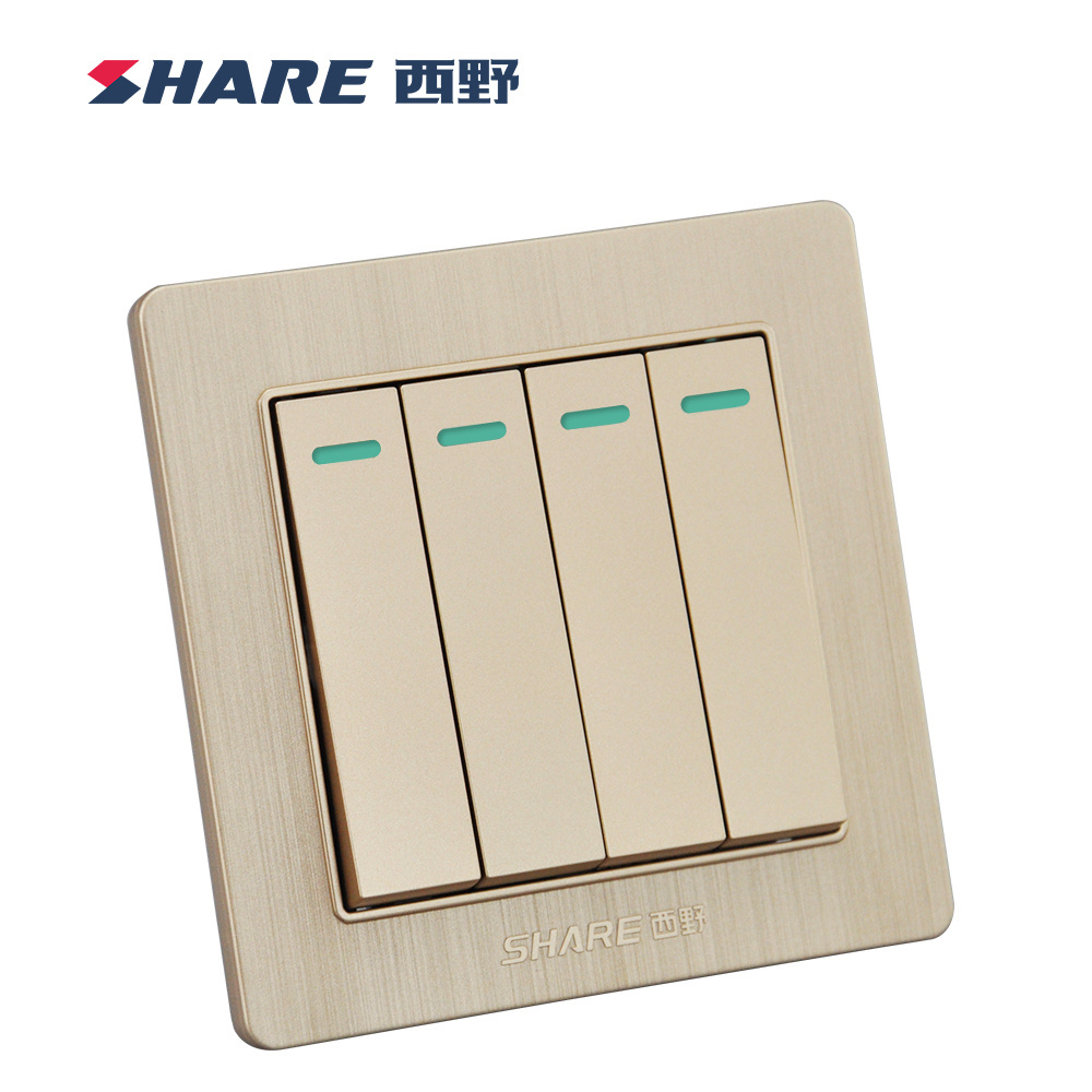 SHARE Factory Price 4 Gang 2 Way Switch Socket Wall Gold Color 10A Modern Electric Wall Switch