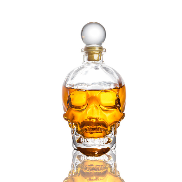 Wholesale 750ml transparent empty skull wine glass bottle whisky bottle decanter With cork