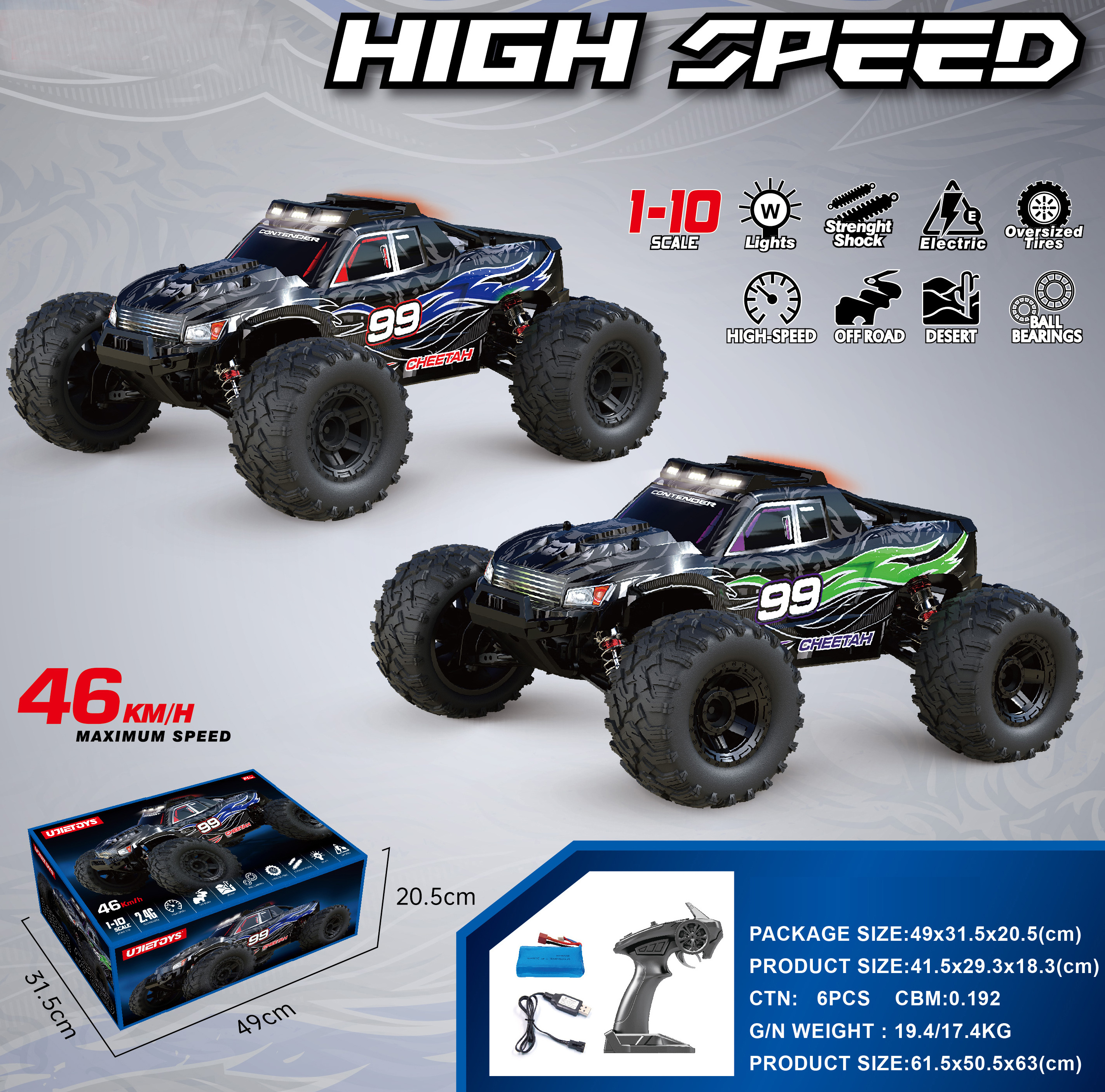 High Speed Rock Climbing Alloy Big Wheel 1/10 Fadio Control Toys Trucks Car Hobby Grade RC Monster Truck 1/10