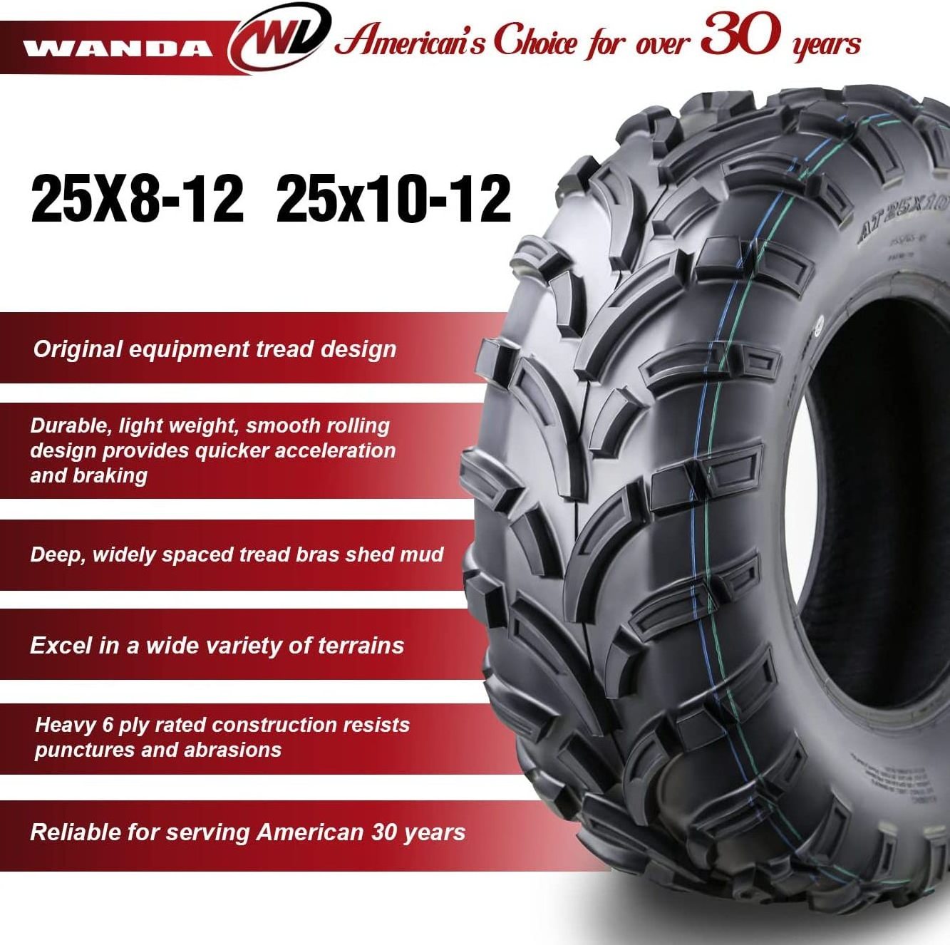 KTA&WANDA Set of 4 New ATV/UTV Tires 25x8-12 Front & 25x10-12 25-10-12 Rear /6 PLY Manufacture Cheap Price ATV Tire UTV Tires