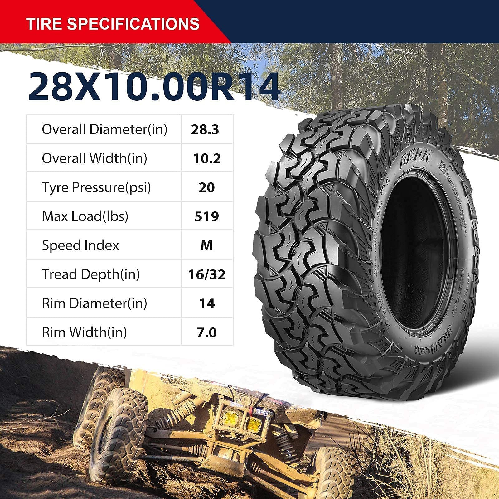 OBOR BRAWLER UTV Tires 28x10R14 10 Ply 30x10-R14 32x10-R14 Front/Rear Radial Tires for UTV SxS Side by Side ATV and UTV tires