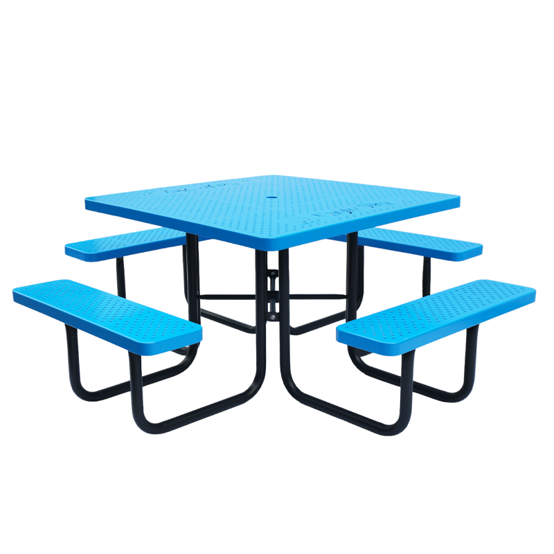 perforated metal outdoor commercial picnic table and bench restaurant external round square steel table with umbrella hole