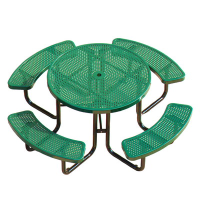 perforated metal outdoor commercial picnic table and bench restaurant external round square steel table with umbrella hole