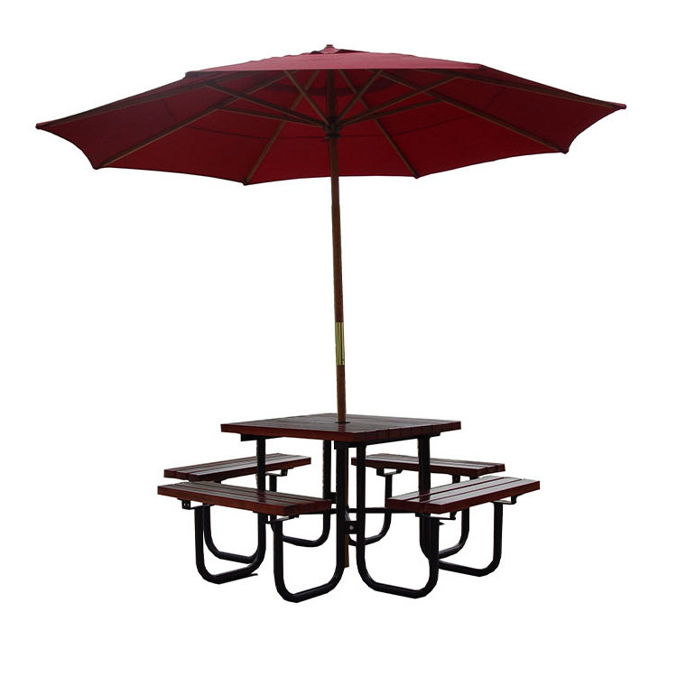 outdoor commercial wood plastic picnic table with bench restaurant dining table garden patio cafe table chair with umbrella