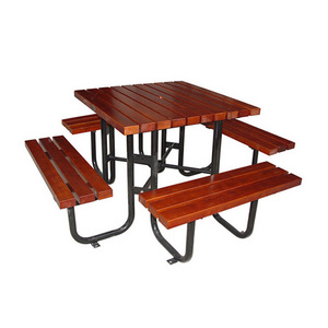 outdoor commercial wood plastic picnic table with bench restaurant dining table garden patio cafe table chair with umbrella