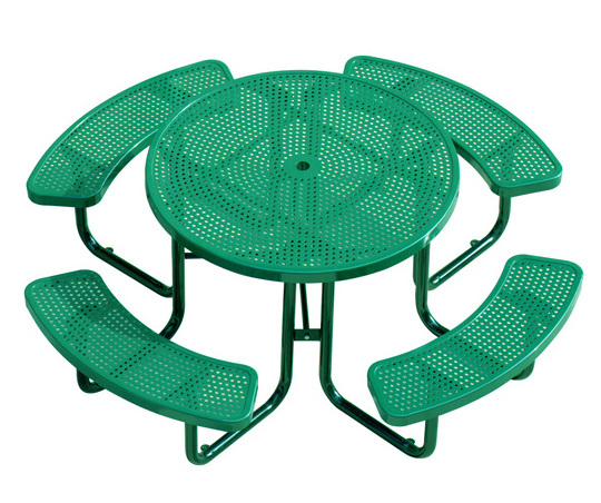 Outdoor Commercial Round Metal Steel Picnic Table With Bench Canteen Restaurant Dining Tables and Chairs Sets With Umbrella Hole