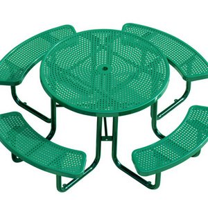 Outdoor Commercial Round Metal Steel Picnic Table With Bench Canteen Restaurant Dining Tables and Chairs Sets With Umbrella Hole