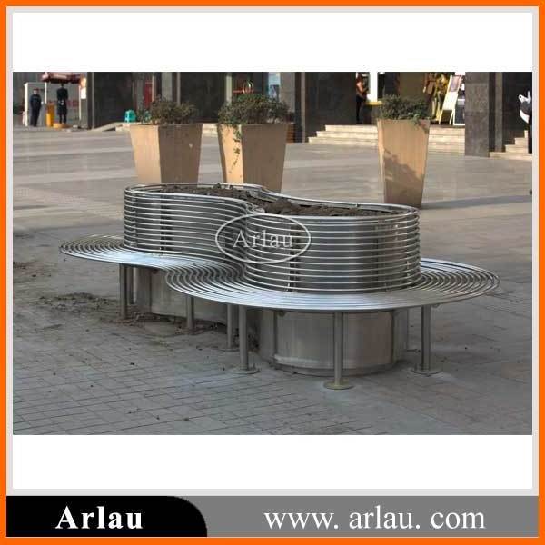 outdoor modern large garden big stainless steel outside street metal bench around tree