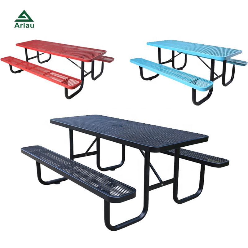 Outdoor Furniture Expanded Metal 6ft 8ft Long Commercial Picnic Dining Table With Bench Restaurant Outside Steel Table Chair