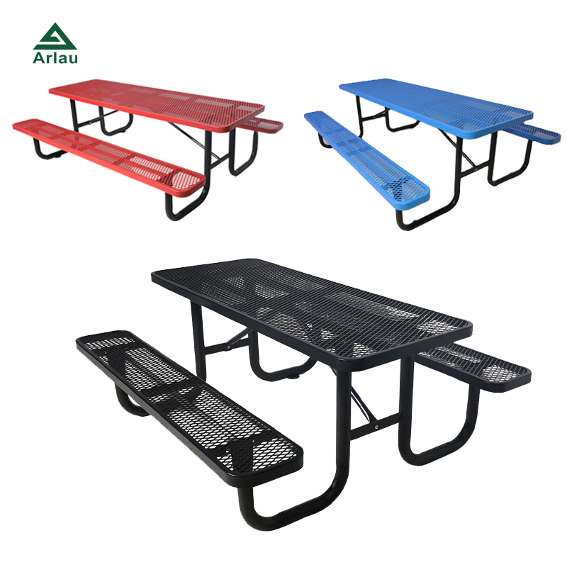 Outdoor Furniture Expanded Metal 6ft 8ft Long Commercial Picnic Dining Table With Bench Restaurant Outside Steel Mesh Cafe Table