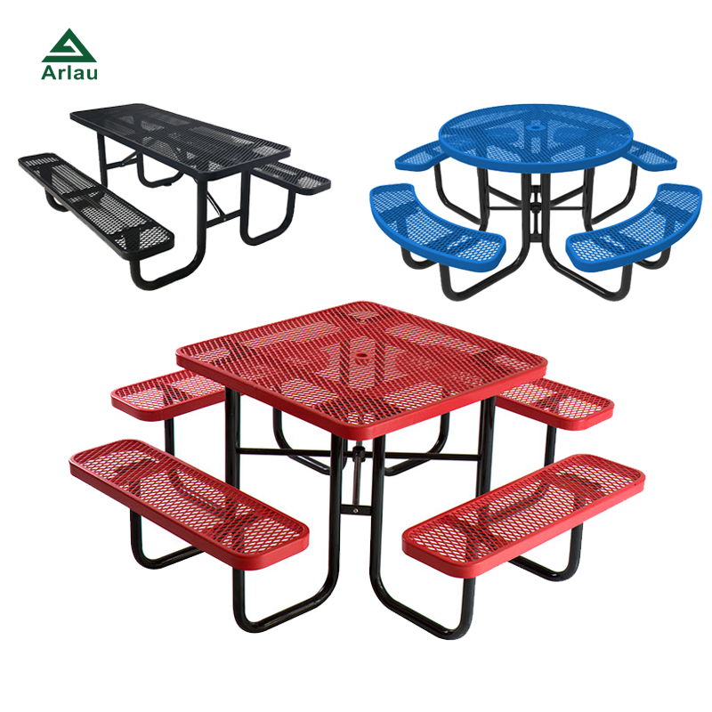 outdoor furniture expanded steel commercial picnic table with bench restaurant outside metal dining table chair with umbrella