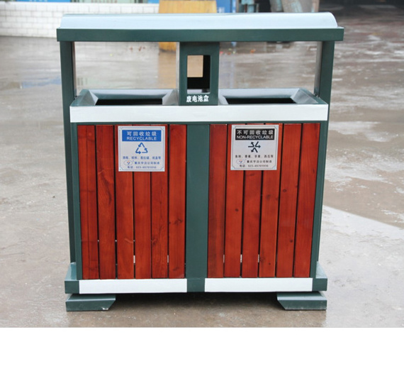 Garden Furniture Wooden Trash Bin Outdoor Wood 2 Compartments Waste Bin Design Classified Customized Garbage Bin WIth Roof