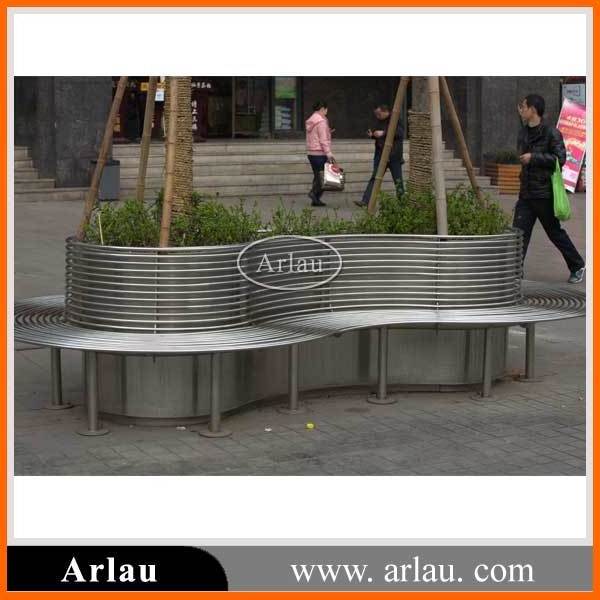 outdoor modern large garden big stainless steel outside street metal bench around tree