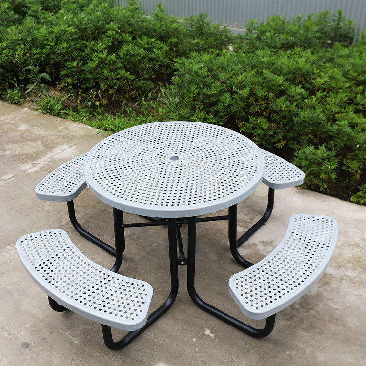 outdoor garden set 8 seater round steel picnic table with bench outside furniture dining table and chair public patio cafe table