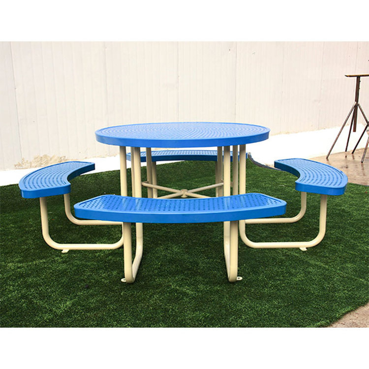 outdoor furniture metal round picnic garden table and benches with umbrella hole