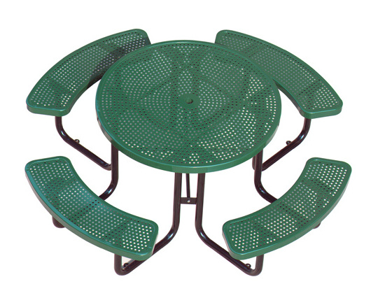 Outdoor Commercial Round Metal Steel Picnic Table With Bench Canteen Restaurant Dining Tables and Chairs Sets With Umbrella Hole