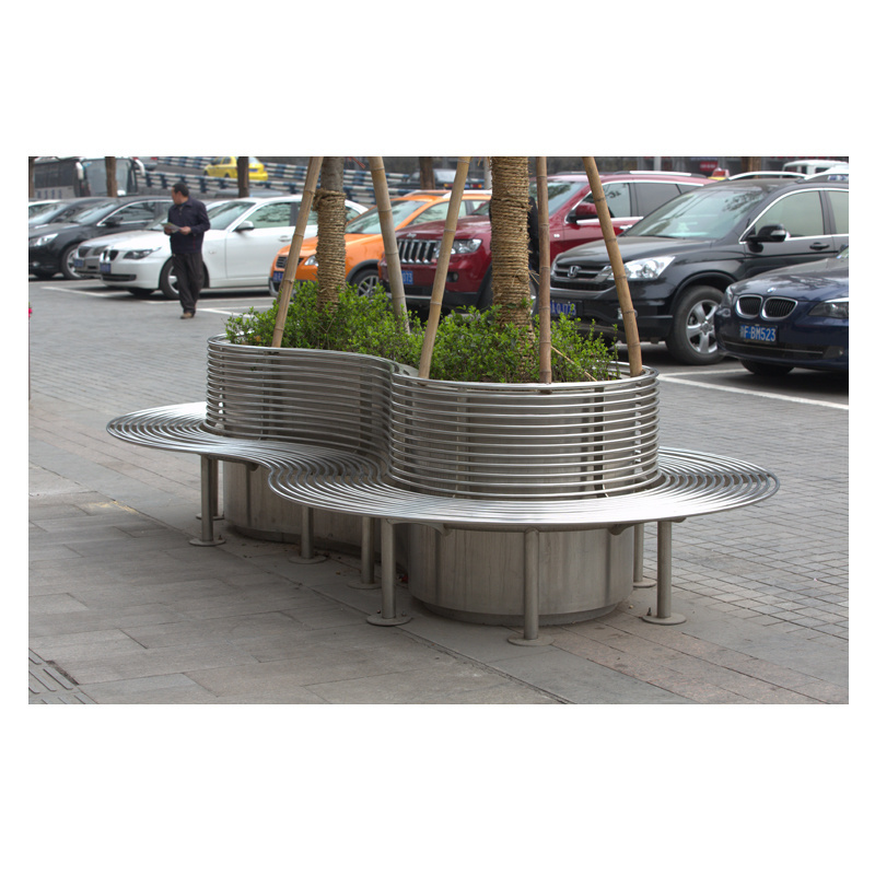 outdoor modern large garden big stainless steel outside street metal bench around tree