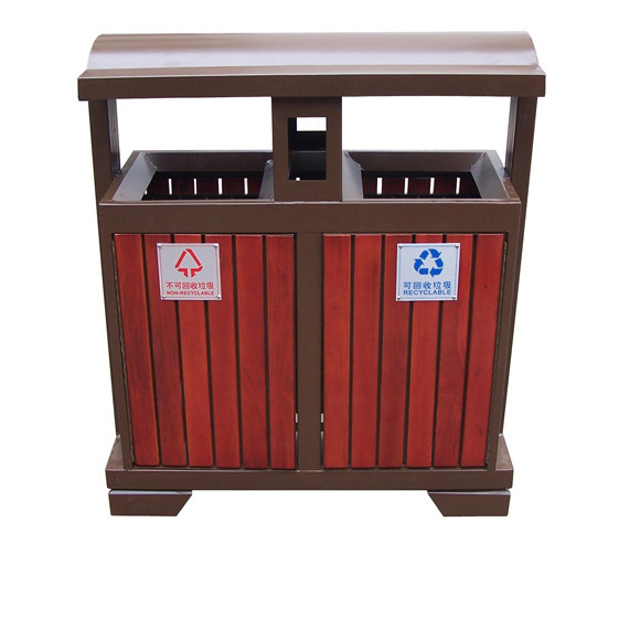 Garden Furniture Wooden Trash Bin Outdoor Wood 2 Compartments Waste Bin Design Classified Customized Garbage Bin WIth Roof