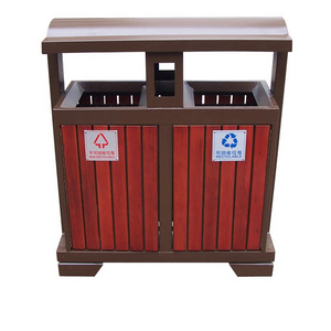 Garden Furniture Wooden Trash Bin Outdoor Wood 2 Compartments Waste Bin Design Classified Customized Garbage Bin WIth Roof