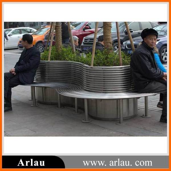 outdoor modern large garden big stainless steel outside street metal bench around tree