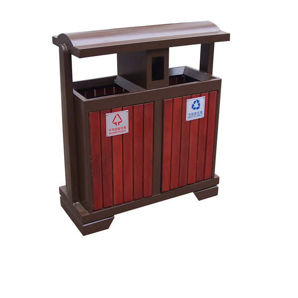 Garden Furniture Wooden Trash Bin Outdoor Wood 2 Compartments Waste Bin Design Classified Customized Garbage Bin WIth Roof