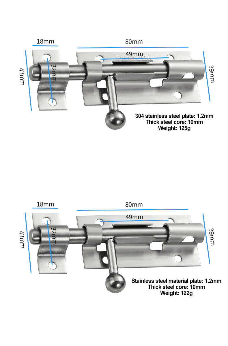 Premium Factory Supplies Wooden Doors Fastener Category 304 Thick Stainless Steel Anti-Theft Door Exposed Lock Bolt