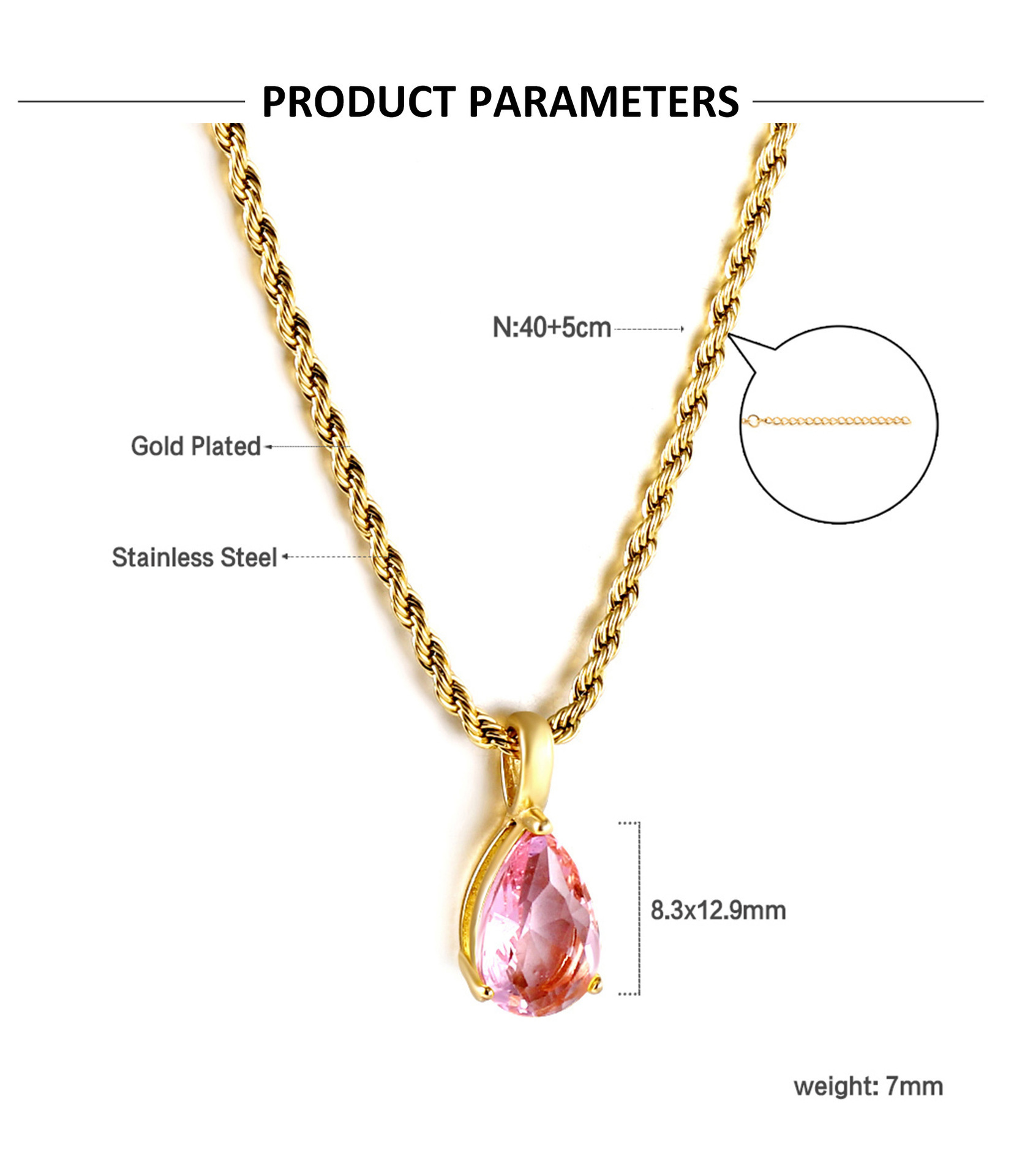 Luxury 18k Gold Plated Stainless Steel Necklace Twist Chain Water Drop Zircon joyeria de acero inoxidable Necklace