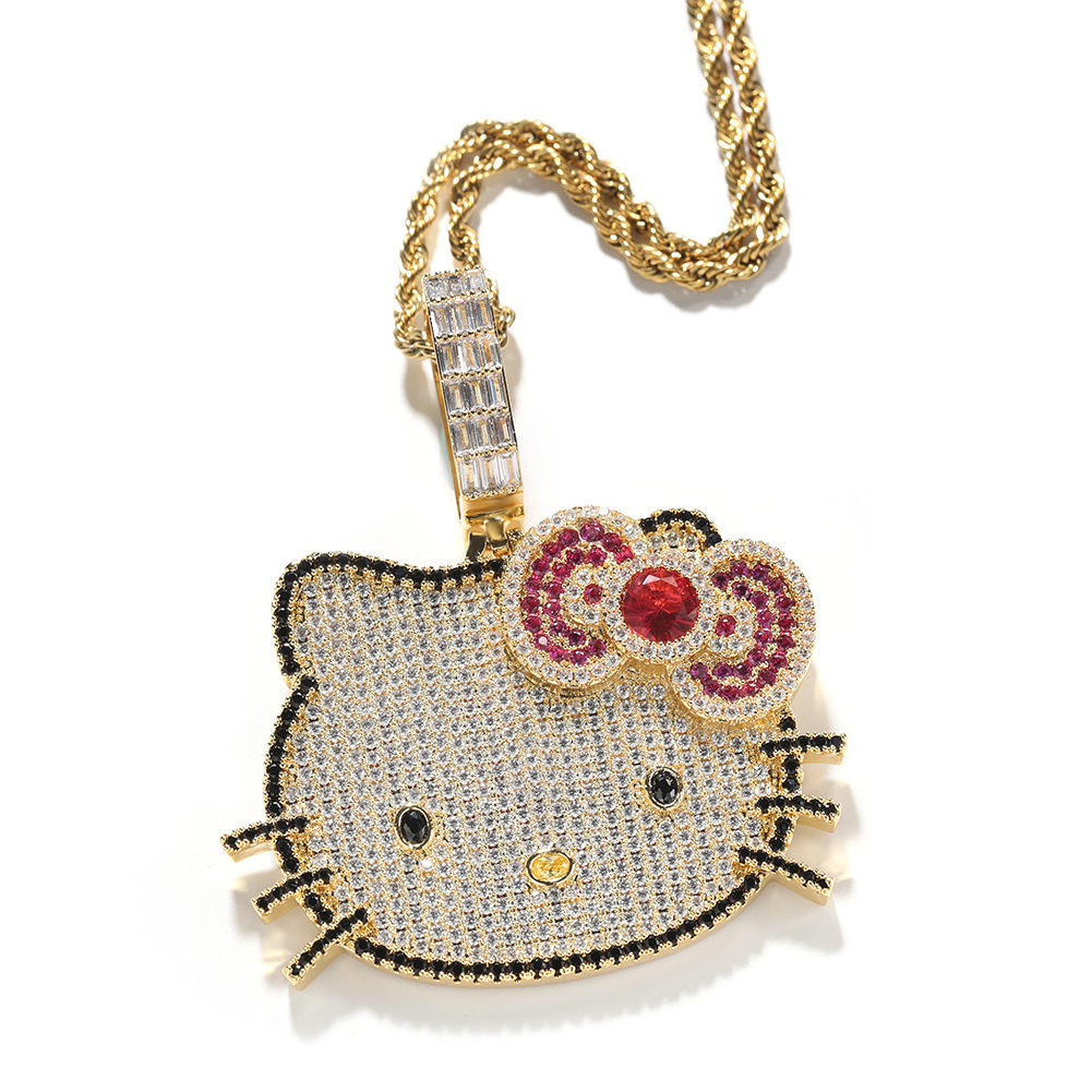 ins style cartoon cat necklace wholesale women copper set zirconia gold sweet pendant twist chain jewelry