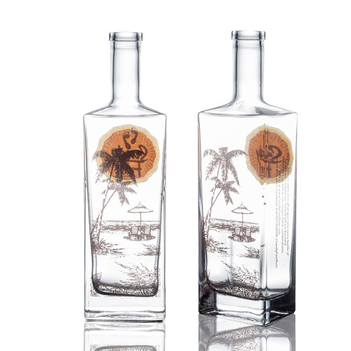 wholesale fancy square shape alcohol bottles 750ml glass with decal logo