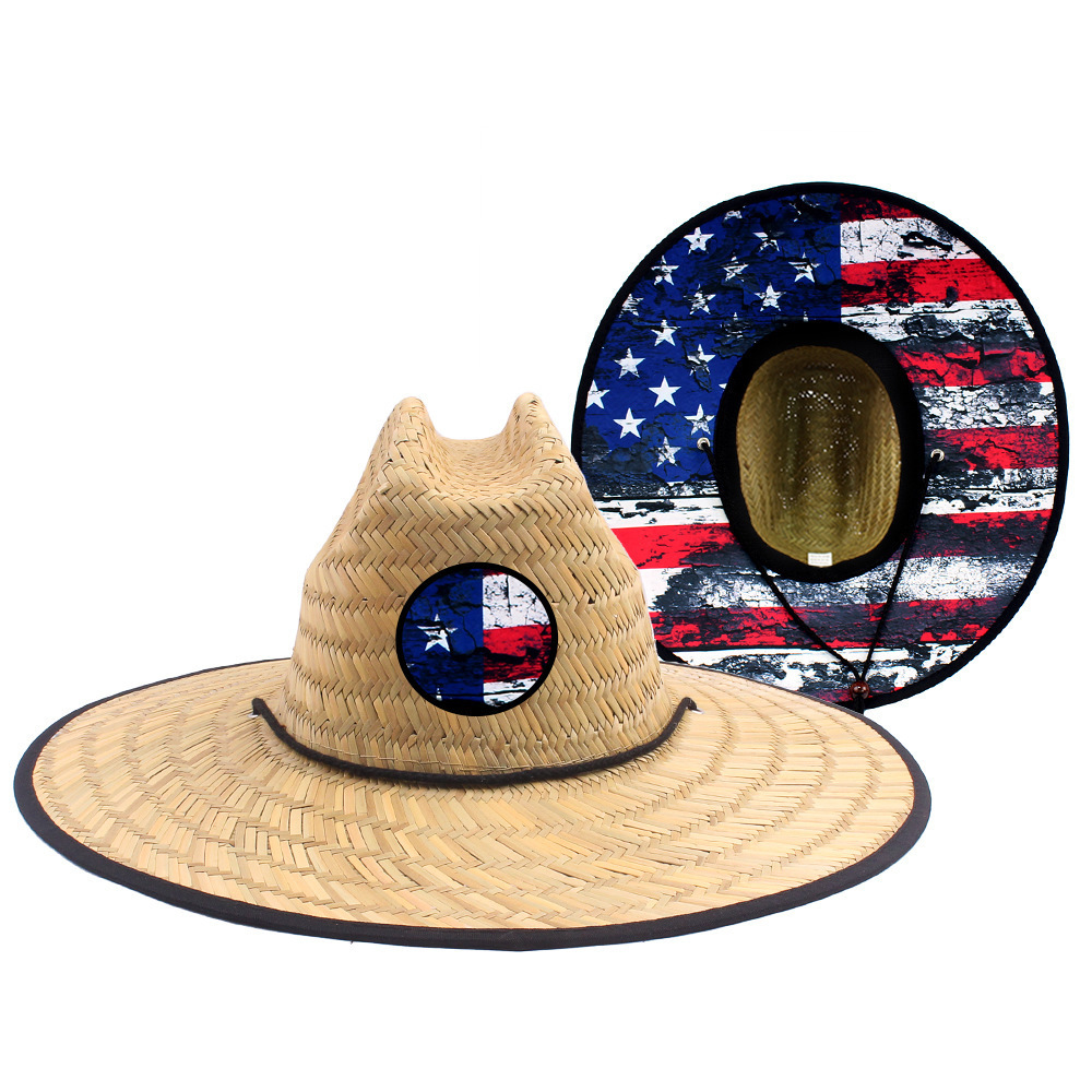 Wide Brim Garden Beach Vacation Travel Sun Hat Summer Mens Classic American Flag Natural large brim Hollow Straw Hat