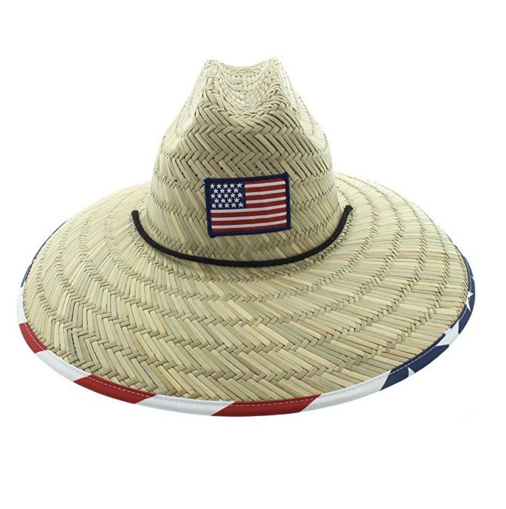 Wide Brim Garden Beach Vacation Travel Sun Hat Summer Mens Classic American Flag Natural large brim Hollow Straw Hat