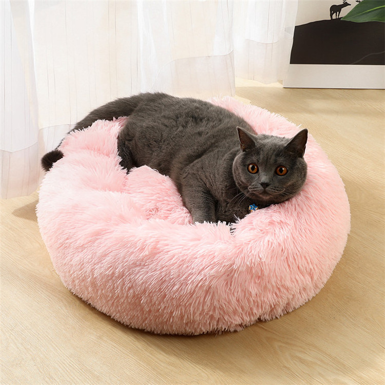 SAMPLE Hot FBA Multiple Sizes Colors Long Plush Fluffy Comfy Calming Soothing Self Warming Donut Pet Bed for Cats Dogs