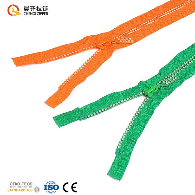 custom 2023 popular color rubber stone zippers #3 #5 #8 open end colorful tape plastic rhinestone zipper for clothing supplier