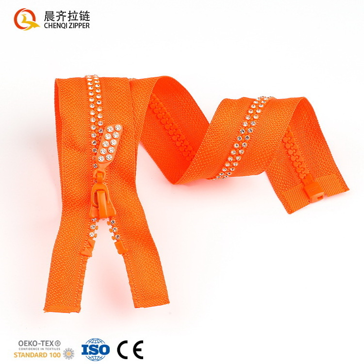 custom 2023 popular color rubber stone zippers #3 #5 #8 open end colorful tape plastic rhinestone zipper for clothing supplier