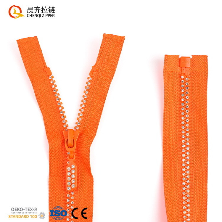 custom 2023 popular color rubber stone zippers #3 #5 #8 open end colorful tape plastic rhinestone zipper for clothing supplier