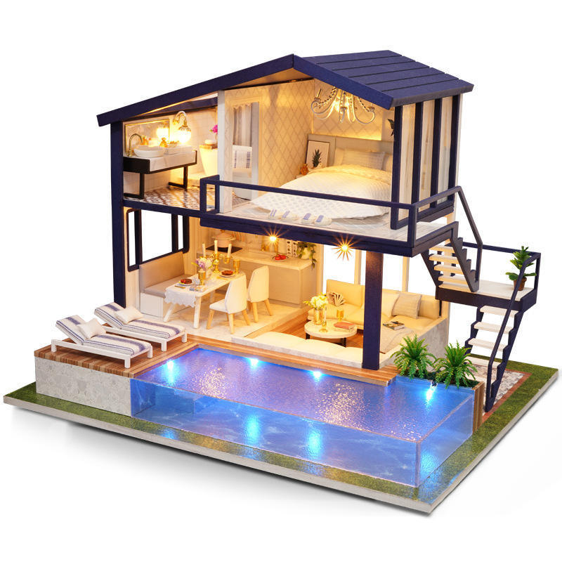 DIY Wooden Doll House Model Duplex Time Apartment with LED Lights, Music and Pool for Children's Gifts or Home Decorations