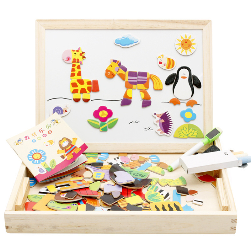 Children's educational toys magnetic wooden jigsaw drawing board magnetic animal multi-functional double-sided drawing board