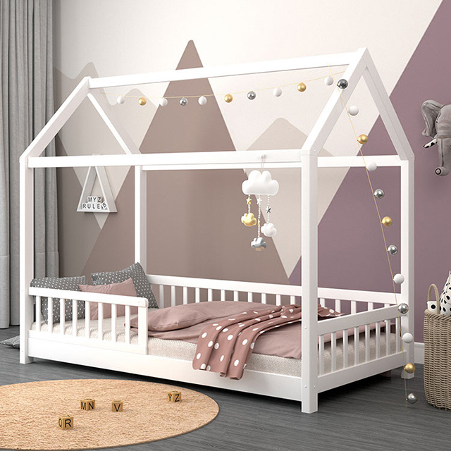 Solid Wood Children's Montessori Bed Small House Bed with Guardrail Cama Montessori