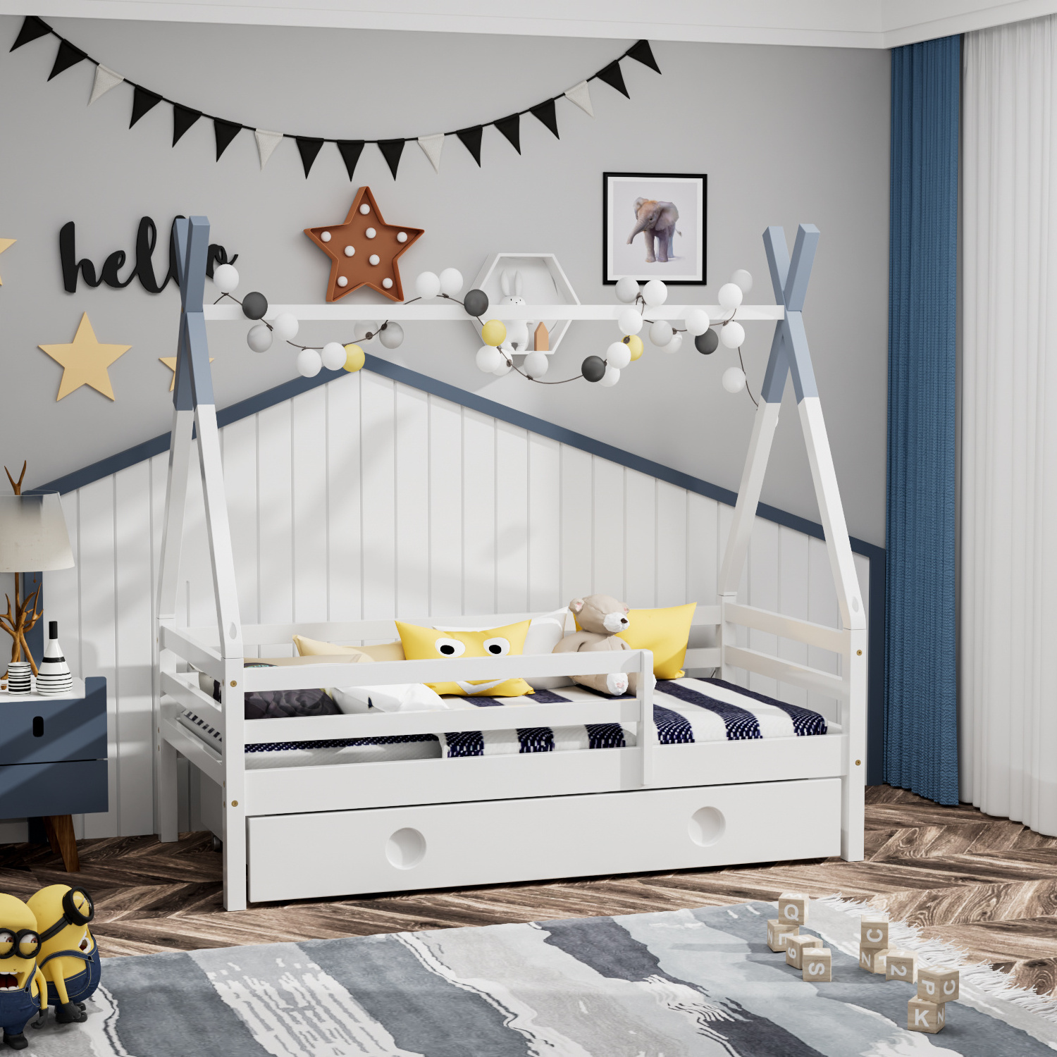 Wooden White Color Montessori Bed Kids Tree  Double Bed Toddler House Bed