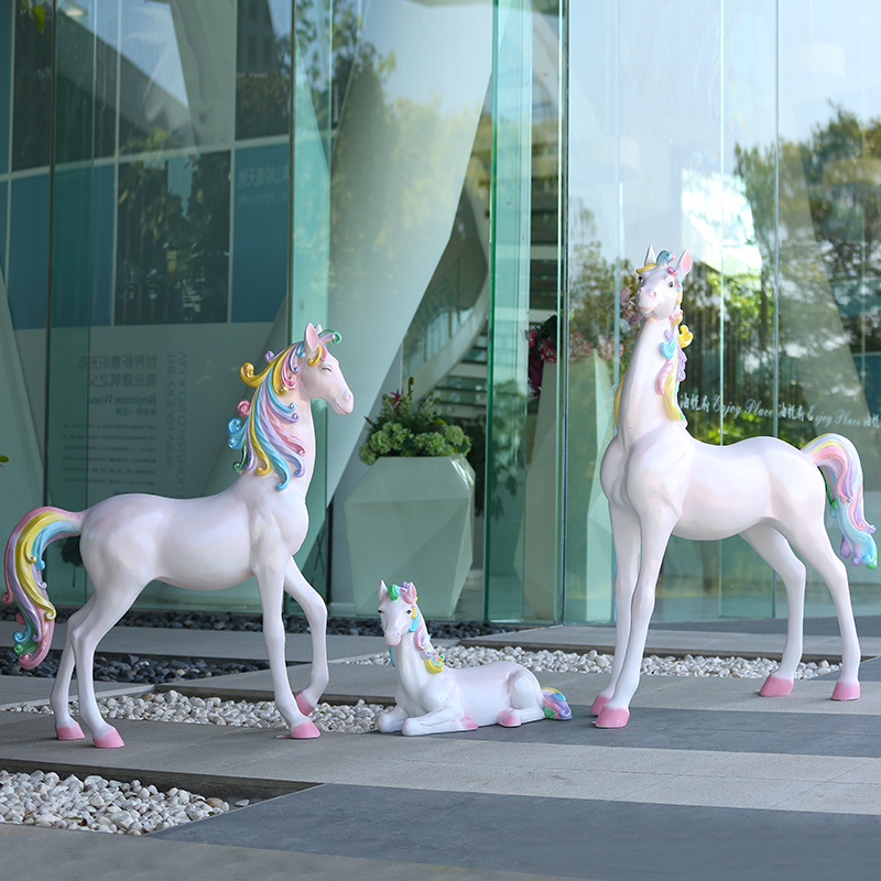 Large Fiberglass Cartoon Animals Outdoor Garden Life Size Unicorn Sculpture Resin Pink Horse Statue