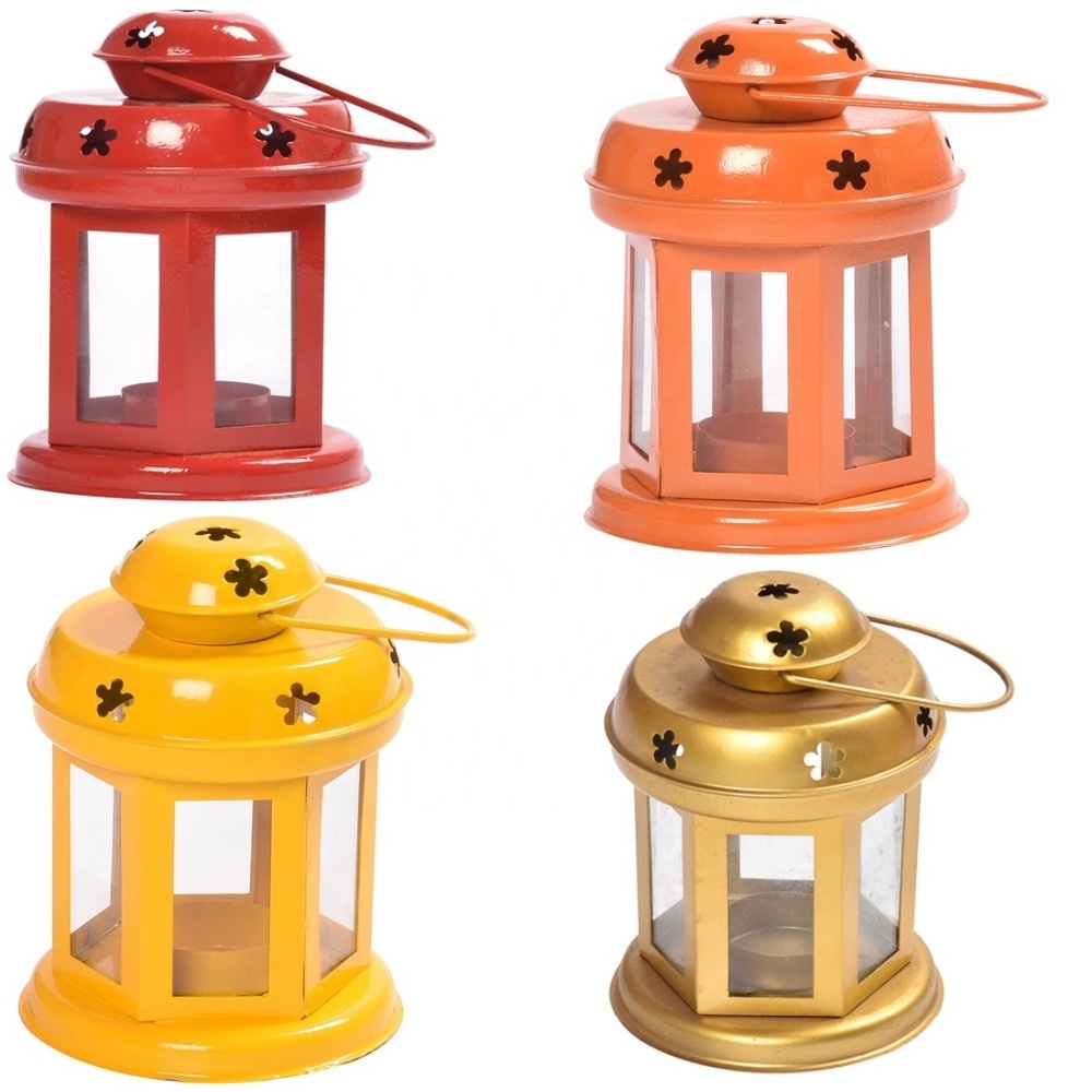 Fancy Brass Tea Light Candle Holders Set of 4 Colourful Metal Iron Decorations in Red Orange Yellow for Christmas Home Decor