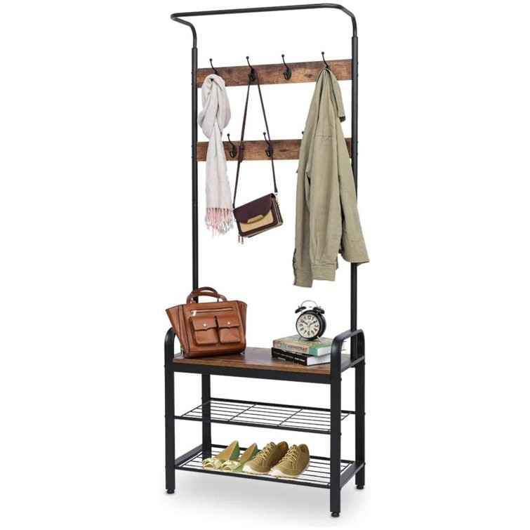 Armena Hook Freestanding Coat Rack With Storage in Rustic Brown And Black Hanger Stand Hall Tree with 3 Storage Shelves and Hook