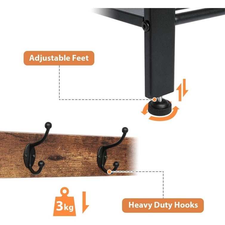 Armena Hook Freestanding Coat Rack With Storage in Rustic Brown And Black Hanger Stand Hall Tree with 3 Storage Shelves and Hook