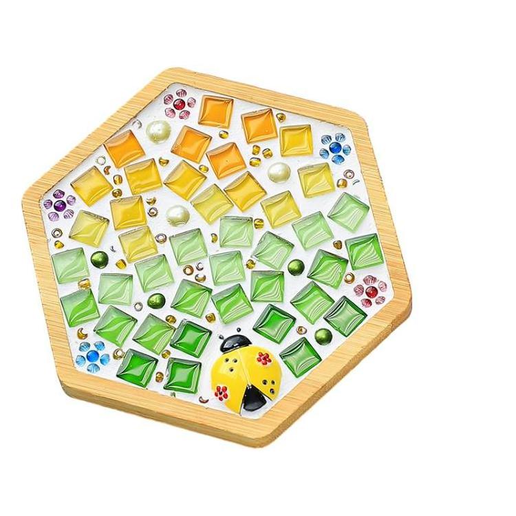 Adult Craft Glass Mosaic Tiles with Bamboo Coaster DIY Hexagon Mosaic Coaster Kit for Home Decor