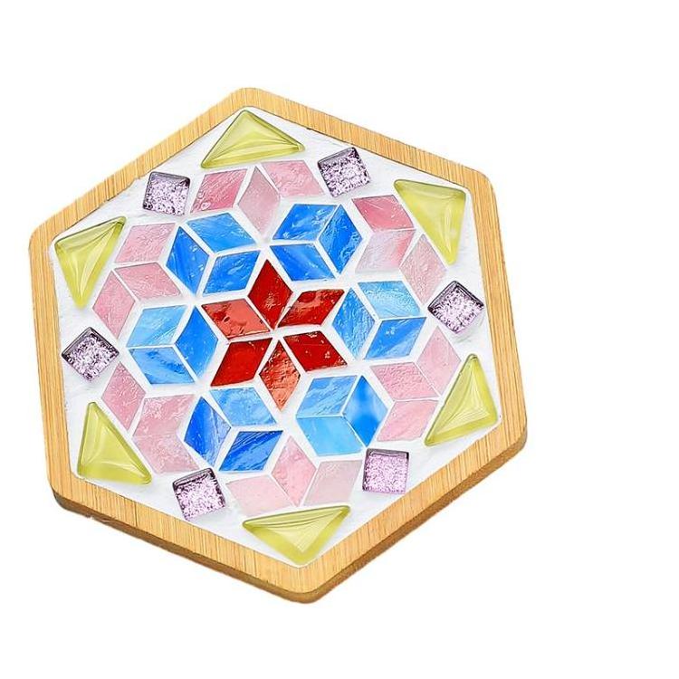 Adult Craft Glass Mosaic Tiles with Bamboo Coaster DIY Hexagon Mosaic Coaster Kit for Home Decor