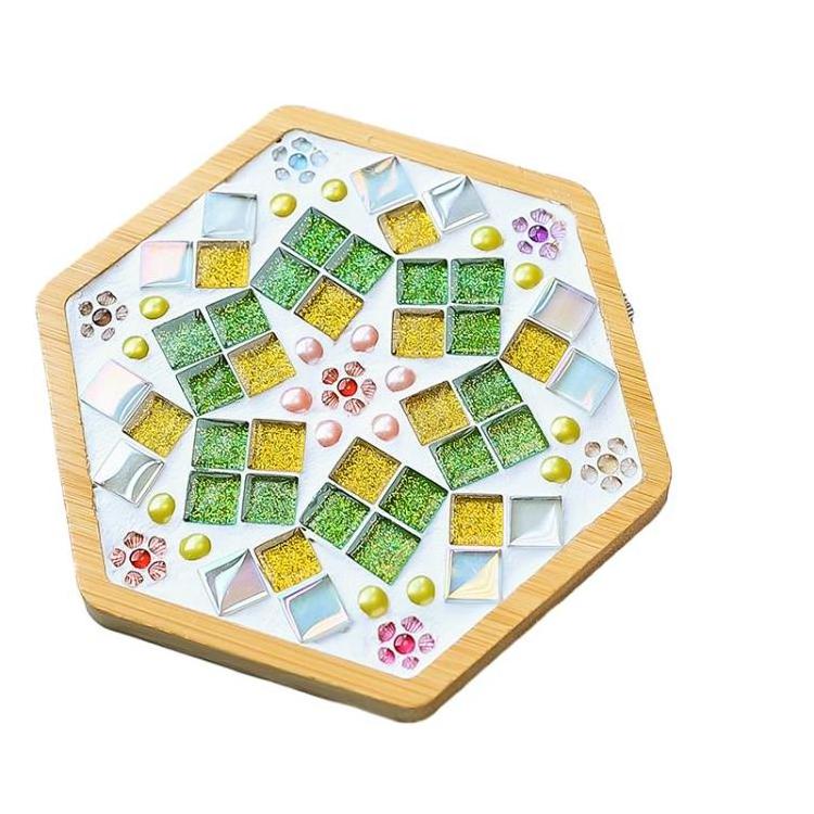 Adult Craft Glass Mosaic Tiles with Bamboo Coaster DIY Hexagon Mosaic Coaster Kit for Home Decor