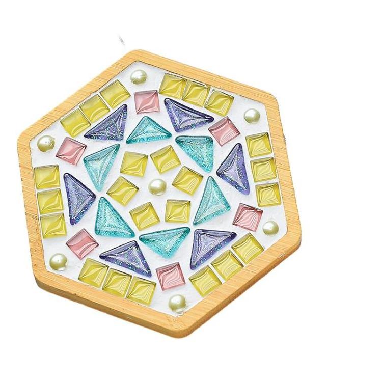 Adult Craft Glass Mosaic Tiles with Bamboo Coaster DIY Hexagon Mosaic Coaster Kit for Home Decor