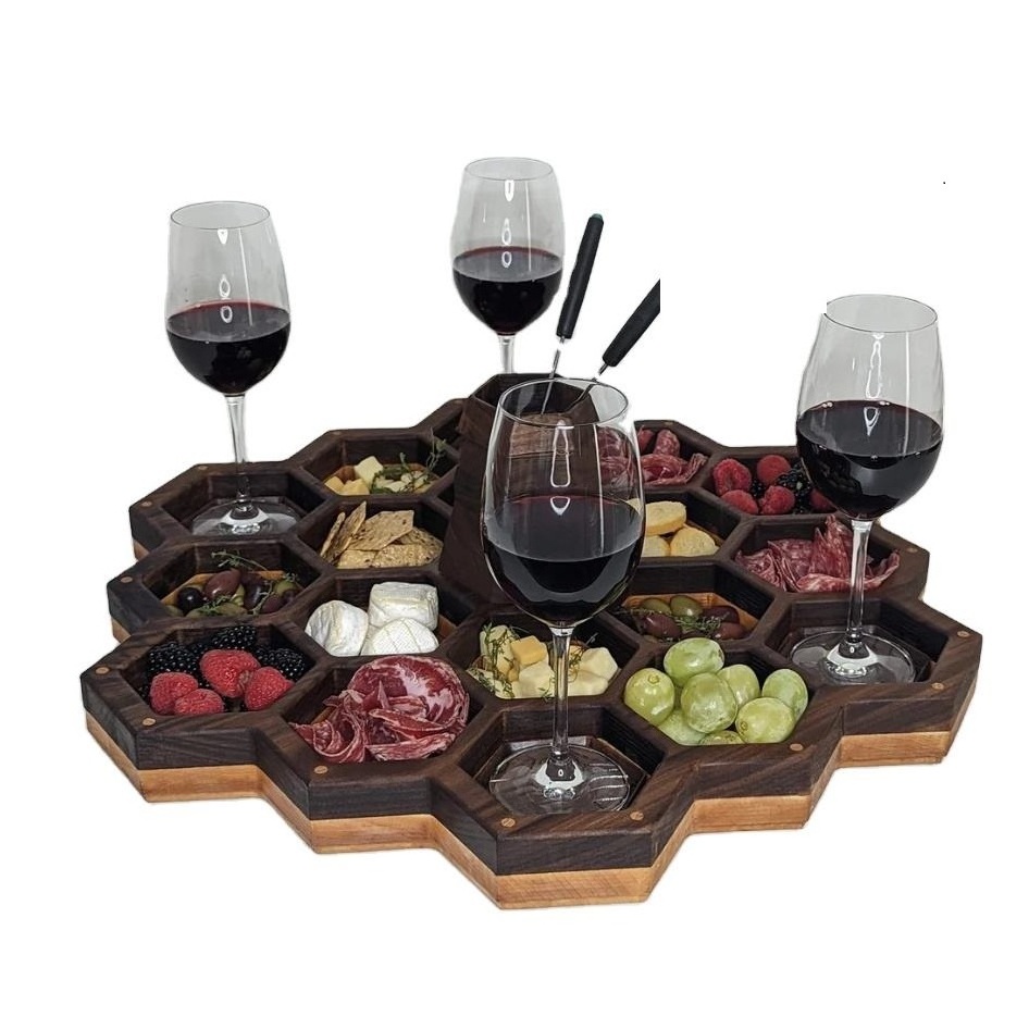 Hot selling wooden chopping Customized Bamboo Cheese Board Honeycomb shape Cheese Charcuterie plates Tray with Handle