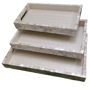 Newest Quality wood Design Serving Tray Set Of Three Pieces Mother of Pearl Inlay Design Tray For Tableware by Crafts Calling